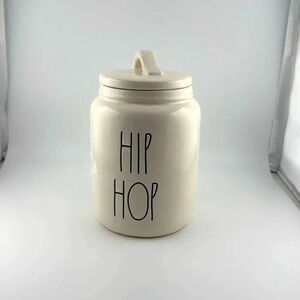 rae dunn white ceramic easter/spring hip hop canister w/lid blk font home decor